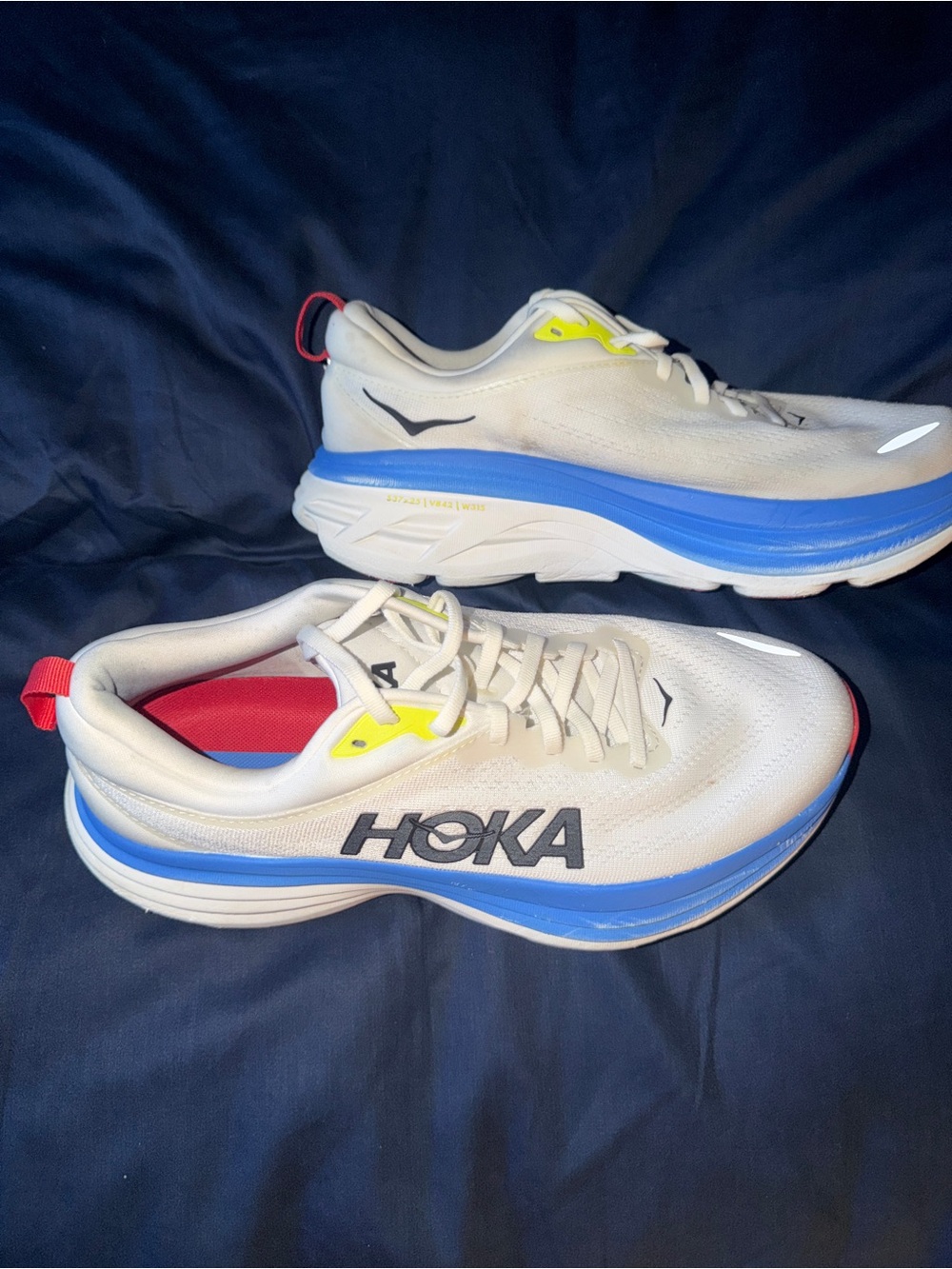 Hoka Bondi 8 Men's Size 9.0 White, Blue & Red Running Shoes Like New Condition